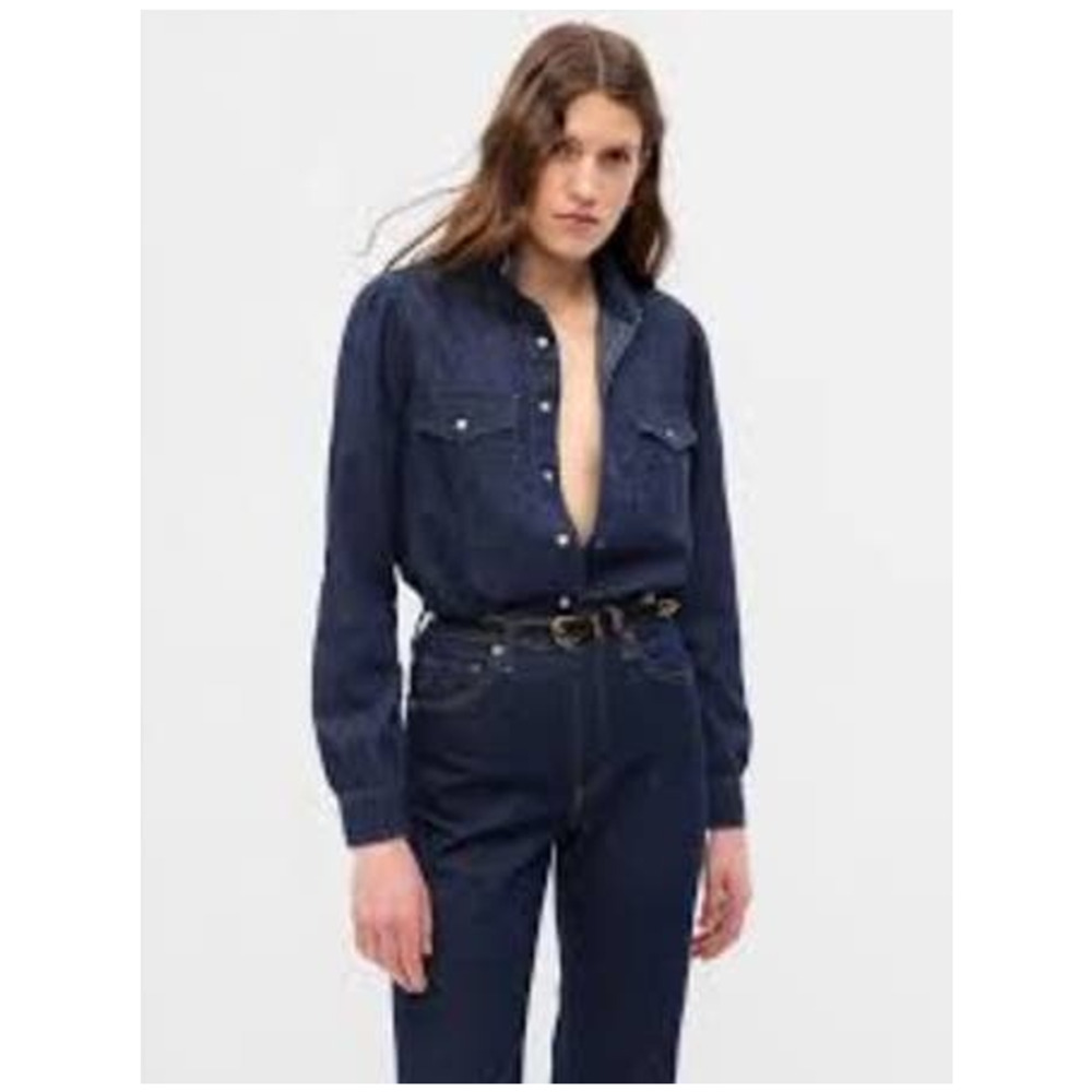 GAP Women Dark Wash Denim Western Fitted Cotton Button Up Shirt Gold Buttons YTK